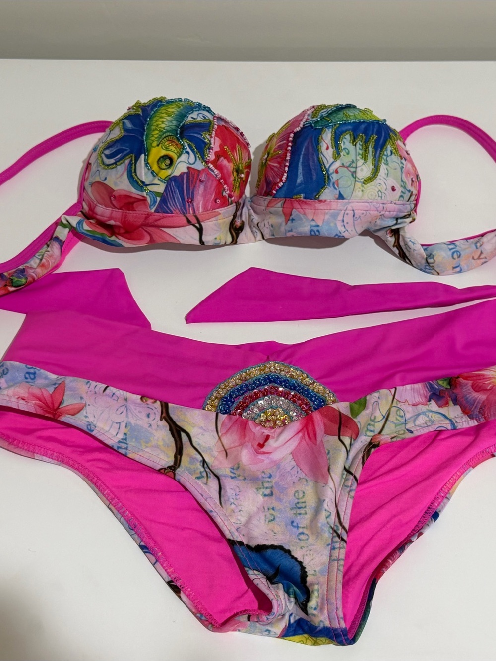 Beaded Bright Fuchsia Bikini with Tropical Print